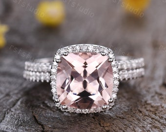 3ct Morganite Engagement Ring Set Morganite Bridal Ring Set 14K White Gold Diamond Wedding Ring Stackable Band Cushion Cut Promise Ring Gift