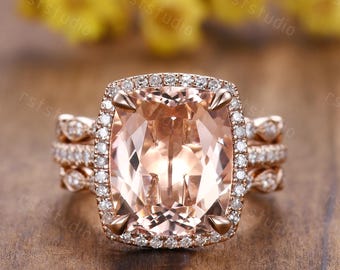 Art Deco 14K Rose Gold Morganite Engagement Ring Set: Diamond Wedding Band
