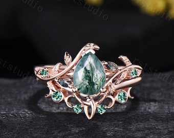 1.25CT Pear Shaped Moss Agate Engagement Ring Set: 14K Rose Gold Twig Leaf Vine Wedding Band