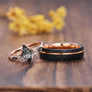 Gothic Black Rutilated Quartz Engagement Ring Mens Tungsten Band Couple Wedding Band Unique Black Gems Promise Anniversary Gift For Him