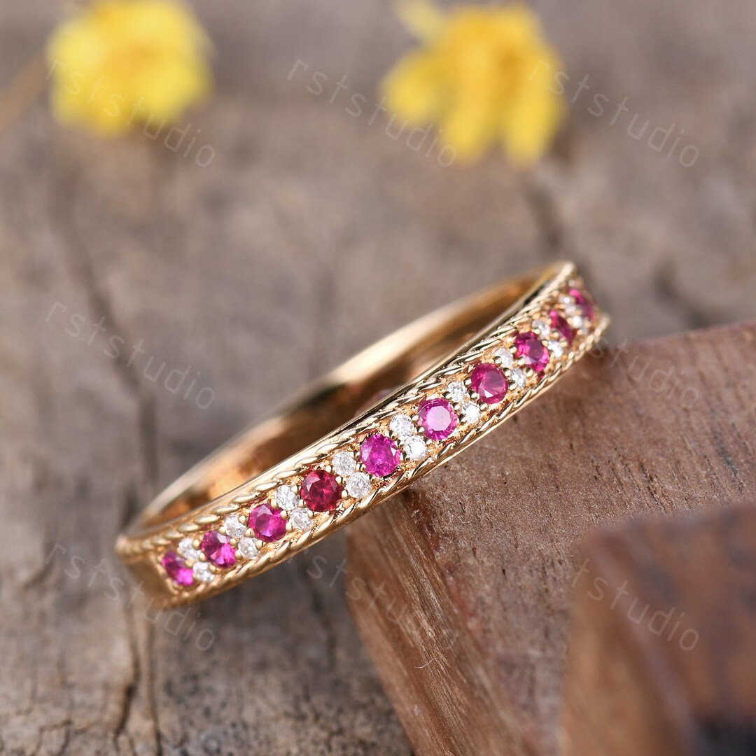 Vintage Ruby Engagement Ring, 14k Yellow Gold Half Eternity Band - Etsy