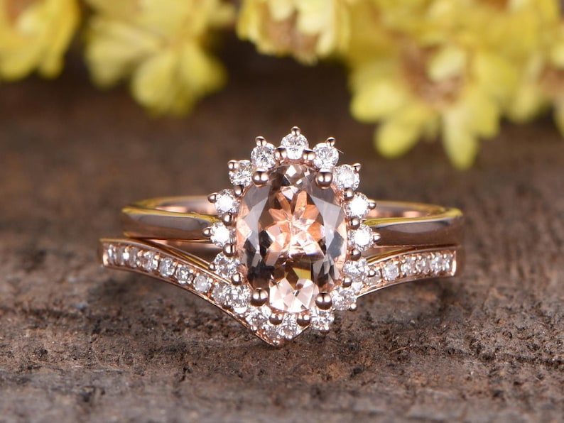 2pcs Morganite engagement ring set 14K rose gold,diamond ring floral HALO,curved band half eternity wedding ring set Morganite Jewelry Set image 1