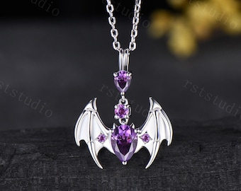 Gothic Pear Shaped Natural Amethyst Pendant Necklace Art Deco Bat Wing Necklace Halloween Wedding Gift February Birthstone Promise Necklace