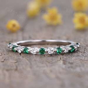 Real diamond wedding band 14k yellow gold emerald band vintage bridal ring half eternity diamond band anniversary ring stacking band