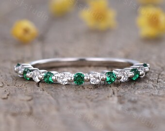 Emerald Diamond Wedding Band: 14k White Gold Half Eternity Ring