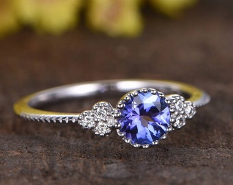 0.5ct VS natural Tanzanite engagement ring 14K white gold diamond wedding band promise ring floral deco women ring blue gemstone ring