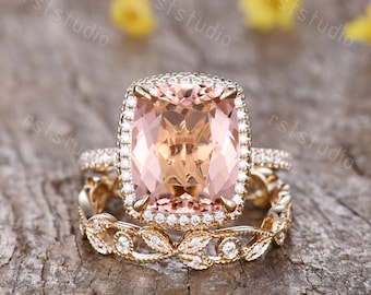 5ct Natural Morganite Engagement Ring Set Morganite Jewelry 14K Rose Gold Vintage Diamond Ring Gemstone Ring Floral Band Anniversary Ring