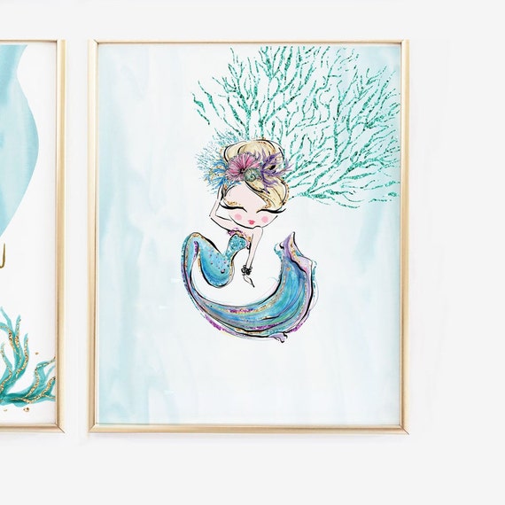 Mermaid Girl Bedroom Digital Printable Wall Art Print In Teal And Gold Nursery Art Idea Mermaid Decor