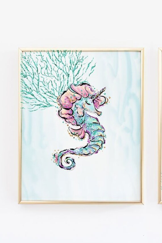 Seahorse Mermaid Girl bedroom Digital Printable Wall Art Print | Etsy