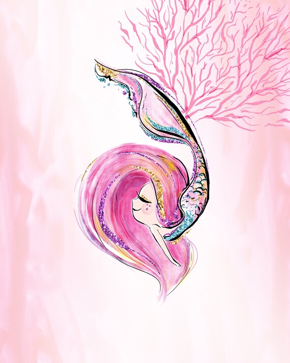Mermaid Girl Bedroom Digital Printable Wall Art Print In Pink And Gold Nursery Art Idea Mermaid Decor