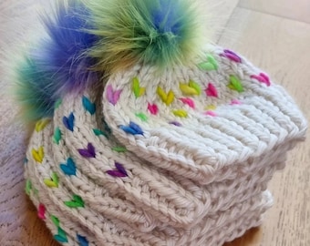 Rainbow heart beanie with fluffy faux fur pom | Knitting With Nan,  easter, Handmade, Knitted, Pompom, Beanie, Hat, Adult, Child, Baby