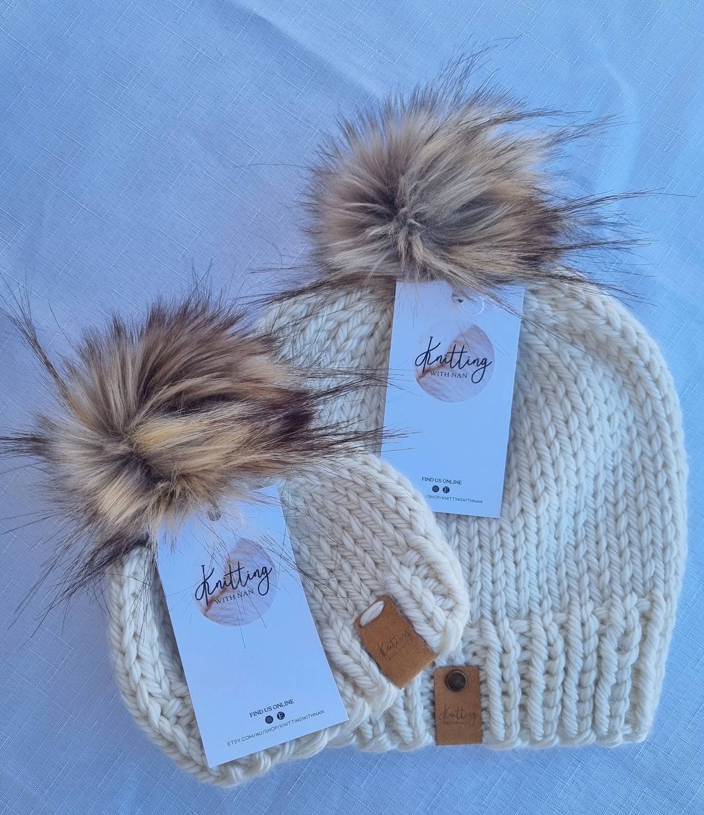 Cream Beanie With Brown Faux Fur Pom | Knitting With Nan  display picture 3