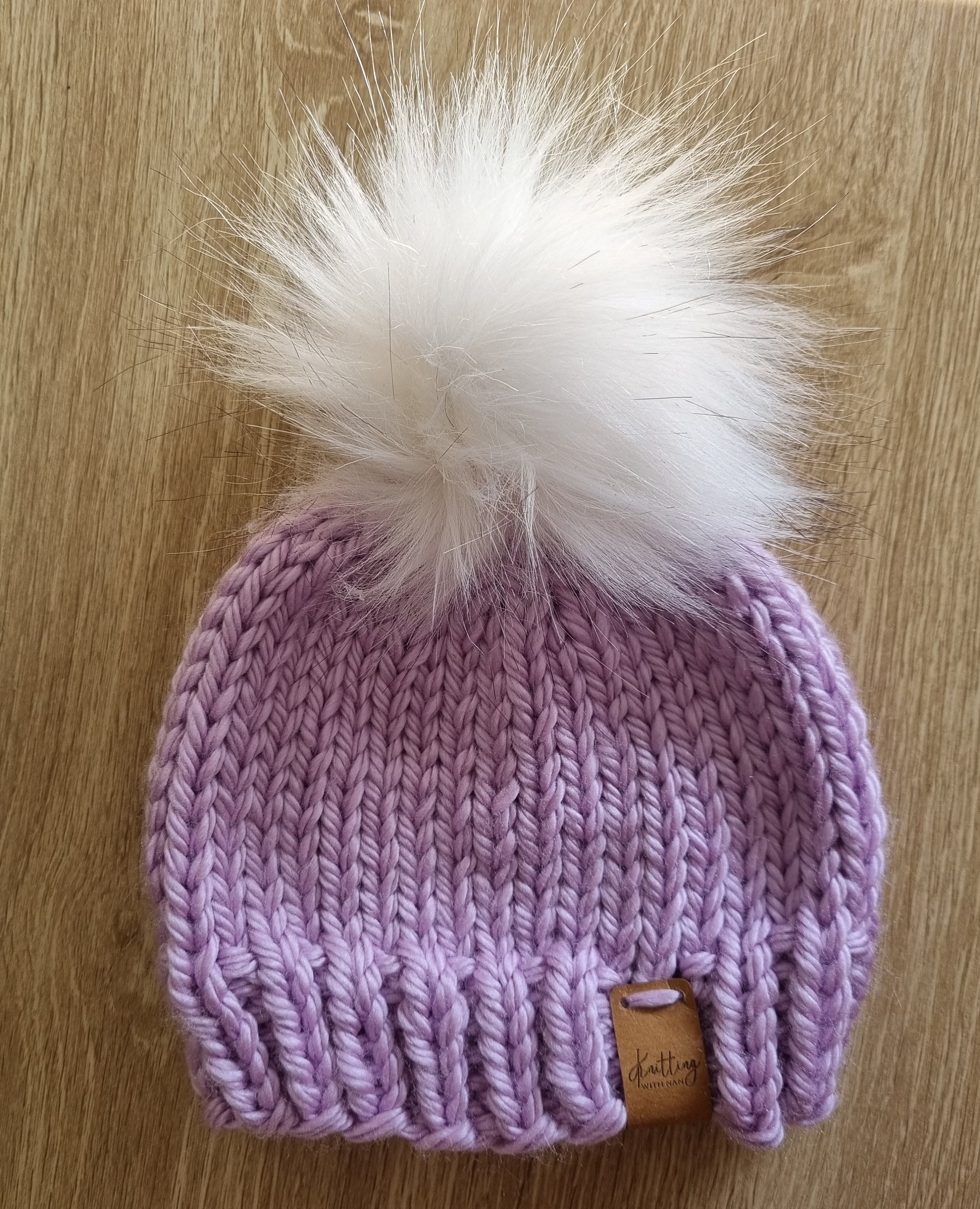 Handknit Merino Wool Beanie: White & Lavender Snowflake Hat with Faux Fur Pom Handmade Crochet Hats. Adult medium. Acrylic. Removable Pom  main image 4