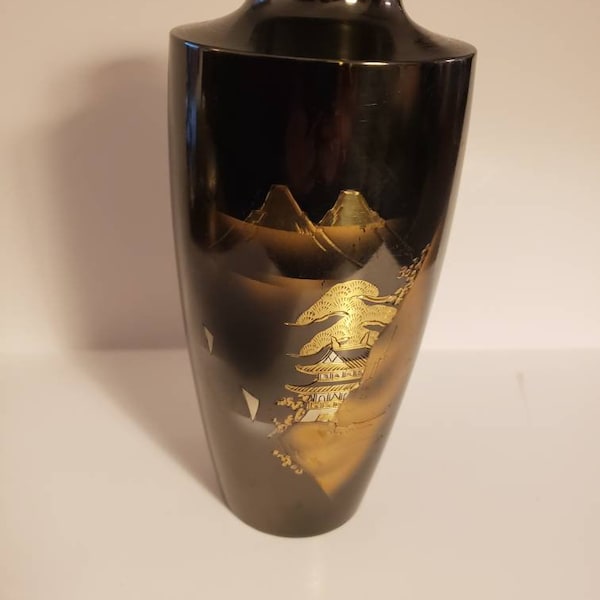 Vintage Damascene Vase Gold Silver Mixed Metal Mt Fuji Landscape 8.5” Japan 50’s