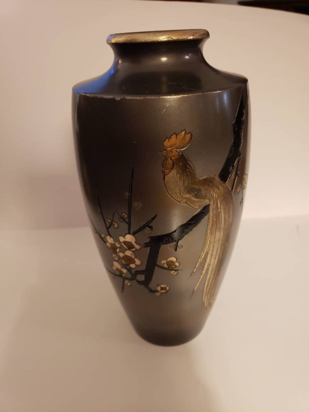 Vintage Japanese Bronze Mixed Metal Vase With Rooster and