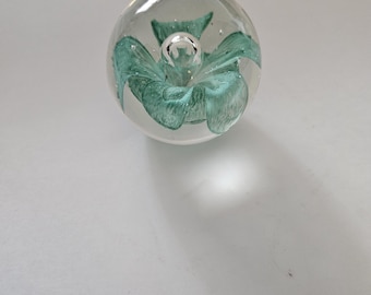 Aqua floral glass paperweight