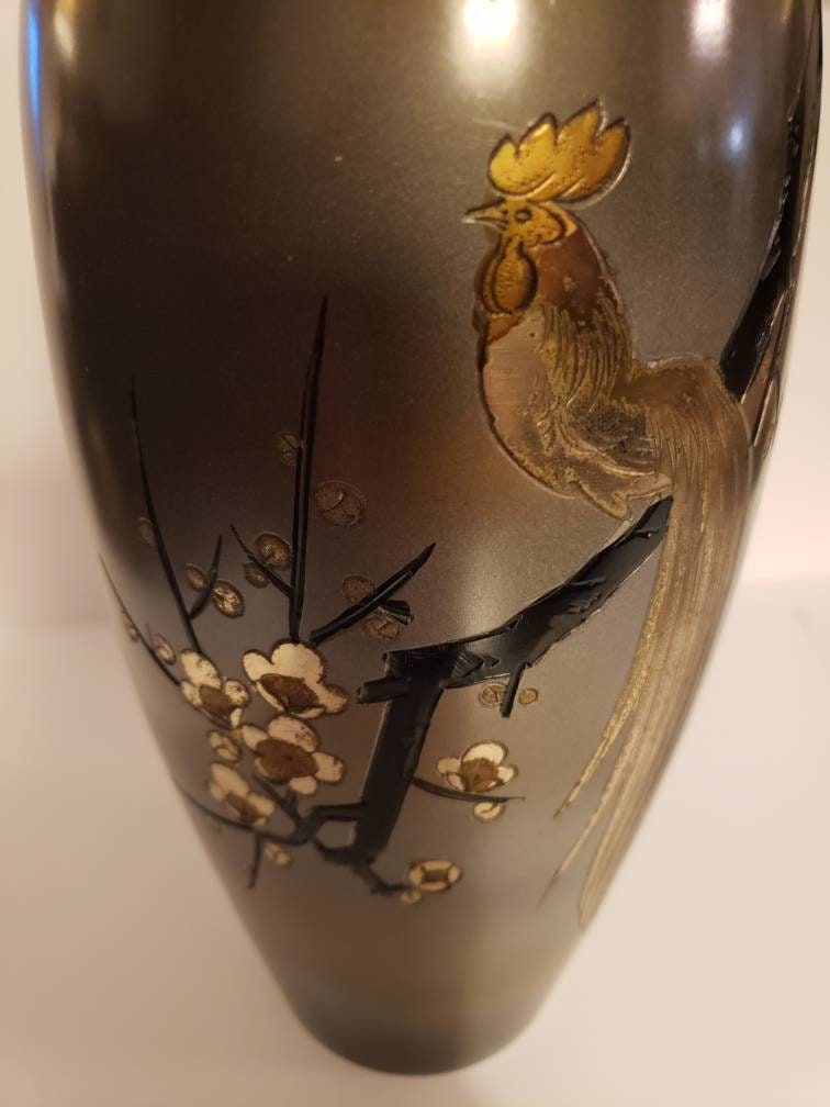 Vintage Japanese Bronze Mixed Metal Vase With Rooster and Dogwood