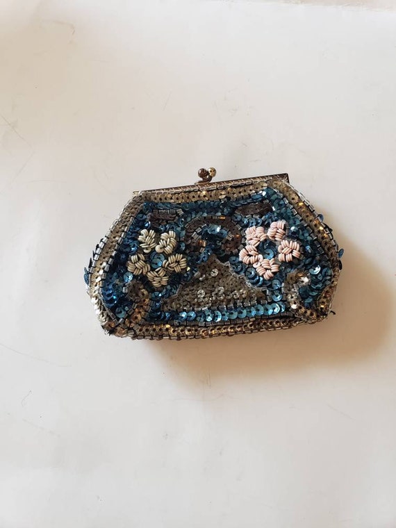 Pochette De Soirée Vintage Années 50 à Sequins Dorés - Fermeture à Pression, Anse Perles - Occasion élégante