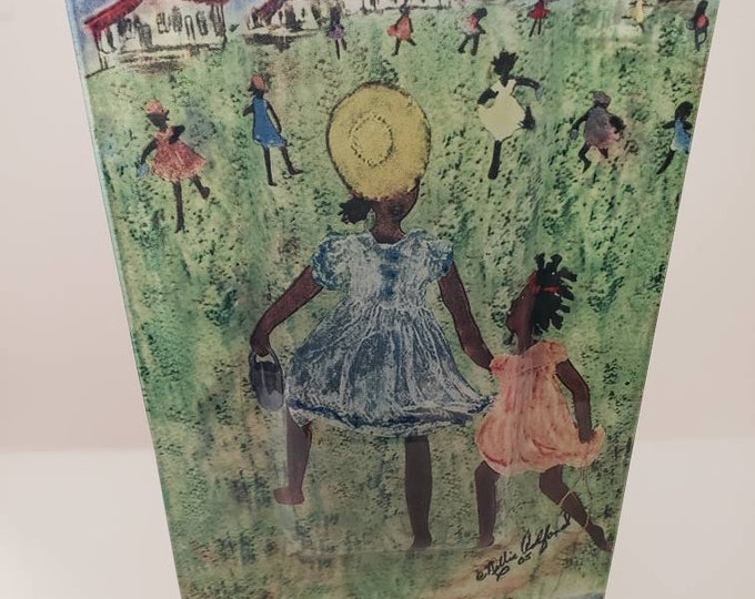 Black Americana Folk Art Nellie Ashford children at Play Glass Vase