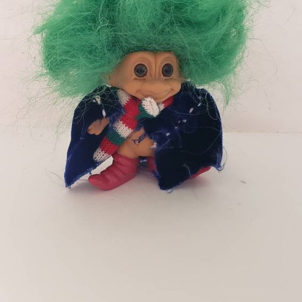 Russ Merry Little Troll doll with Scarf and red Boots green hair