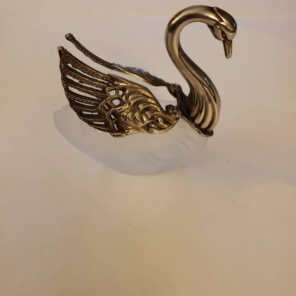 Frosted Glass Swan Salt Container with Silver Plated Opening Wings