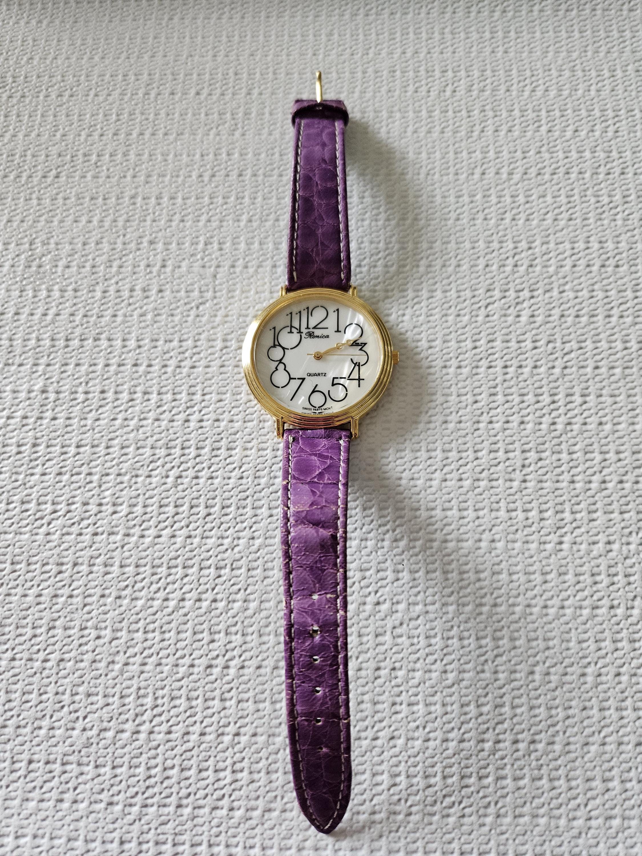 Vintage Ronica Women\'s Watch 36MM Pink Dial Black Leather Bands New Battery‎ SOLD // Vintage Ladies Ronica Half Moon Quartz watch with  main image 4