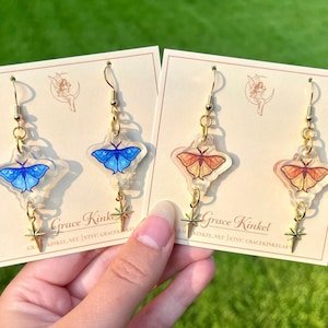 Sun and Moon Moth Celestial Acrylic Dangle Earrings | Gold Charm Earrings | Witchy Gift | Fantasy | Whimsigoth | Statement Jewelry