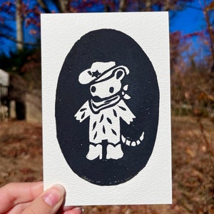 Cowboy Opossum Linocut Block Print | 4 x 6 Mini Print | Printmaking | Handmade | Whimsical Animal Art