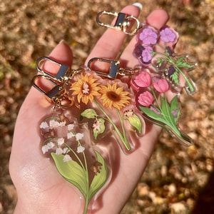 Flower Kitty Acrylic Keychains | Lily of the Valley, Sunflower, Tulip, Geranium | Cute | Cottagecore | Gift for Cat Lovers