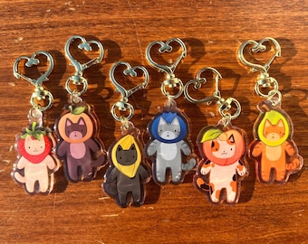 Cute Fruit Cat Acrylic Keychains | Strawberry, Orange, Banana, Blueberry, Peach, Pear | Kitty Charms