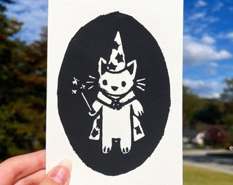 Magical Wizard Cat Linocut Block Print | 4 x 6 Mini Print | Printmaking | Handmade | Whimsical Fantasy Kitty