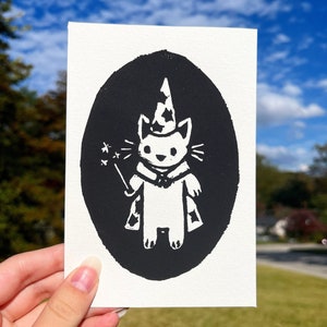 Magical Wizard Cat Linocut Block Print | 4 x 6 Mini Print | Printmaking | Handmade | Whimsical Fantasy Kitty