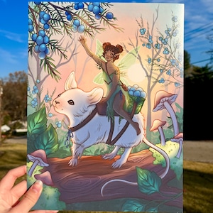 May include: A fairy with brown hair and green wings rides a white mouse through a forest. The fairy is wearing a green dress and carrying a basket of blue berries. The mouse is wearing a saddle and bridle. The forest is filled with green leaves and blue berries.