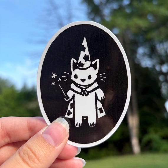 Magical Wizard Cat Vinyl Sticker | Water Resistant | Linocut Style