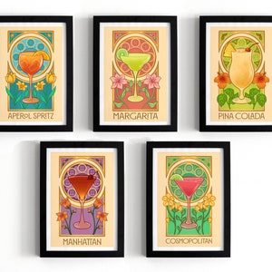 Pósteres de cócteles de 8 x 12 de inspiración Art Nouveau: Aperol Spritz, Margarita, Piña Colada, Manhattan, Cosmopolitan