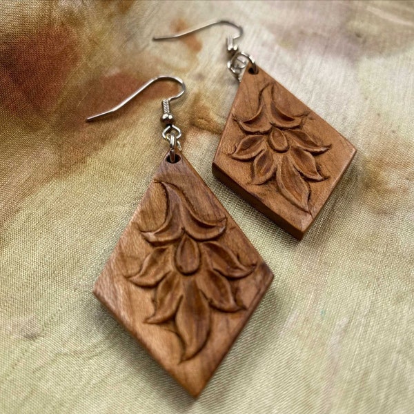 Hand Carved Wood Art Earrings, Apricot Wood Earrings, Diamond Shaped with Floral Motif, Silk Road Tajikistan-Under 25