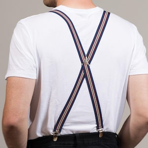 Tirantes elásticos ajustados a rayas azul marino con clip para pantalones // Tirantes elásticos ajustables hechos a mano para hombre