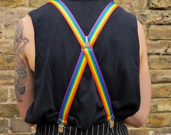 Rainbow Skinny Braces // Pride Flag Elastic Clip On Braces // X Back Elasticated Suspenders // Handmade Pride Braces