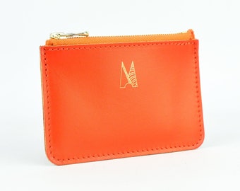 Bolso de cremallera hecho a mano de cuero naranja // Monedero de tarjeta pequeño y suave // Roam