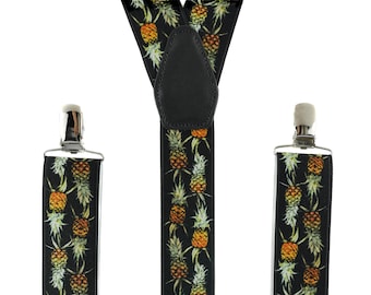 Handmade Pineapple Print Suspenders, Men's Tropical Clip-On Trouser Braces