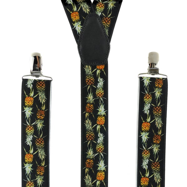Mens Braces | Black Suspenders for Men | Unisex Elastic Clip on Braces | Novelty Hipster Suspenders | Tropical Pineapple Trouser Braces