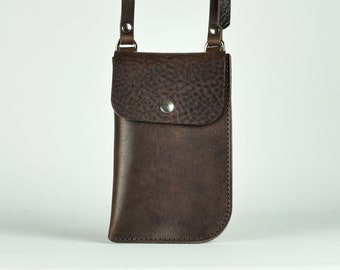 Brown Leather Neck Pouch | Handmade Leather Phone Bag | Leather Phone Pouch | Neck Phone Case