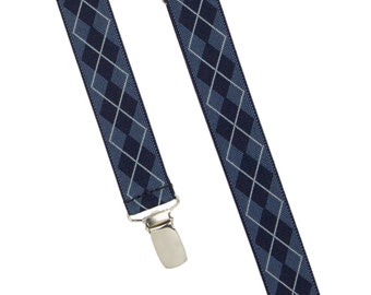 Argyle Diamond Black Grey Clip On Trouser Braces Elastic Suspenders Handmade UK