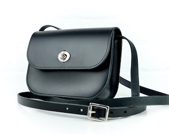 Black Leather Crossbody Bag | Small Black Leather Satchel Handbag | Black Leather Saddle Bag | Handmade Black Leather Purse