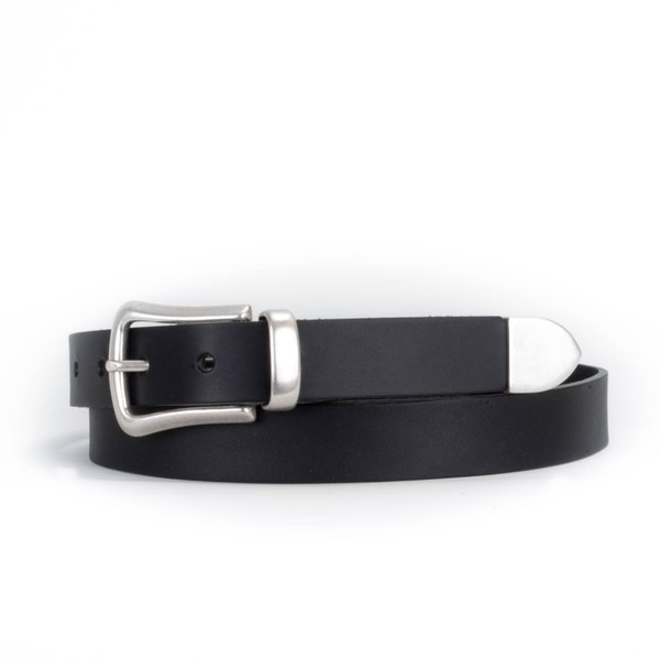 Ceinture en cuir noir avec embout en métal assorti | 1" Western Belt | Ceinture de cow-boy 25mm | Ceinture de pointe en cuir de style occidental | Ceinture en cuir noir pour femme