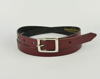 Leather Belt Handmade Bright Burgundy 3/4" // Ladies 20mm Real Leather Maroon Skinny Belt