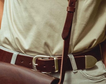 Handmade Brown Leather Cowboy Belt, Silver Tipped Buckle, Metal Loop 1 1/2"