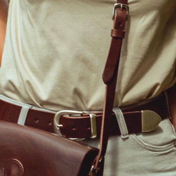 Handmade Brown Leather Cowboy Belt, Silver Tipped Buckle, Metal Loop 1 1/2"