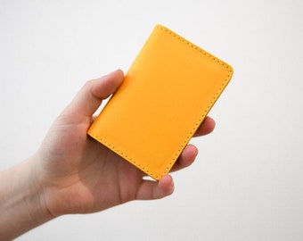 Handmade Yellow Leather Card Holder, Smooth Chrome Slim Travel Wallet, Personalised