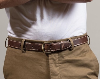 Handmade Stitched Brown Leather Belt, Full Grain Veg Tan, 1 1/8" Width